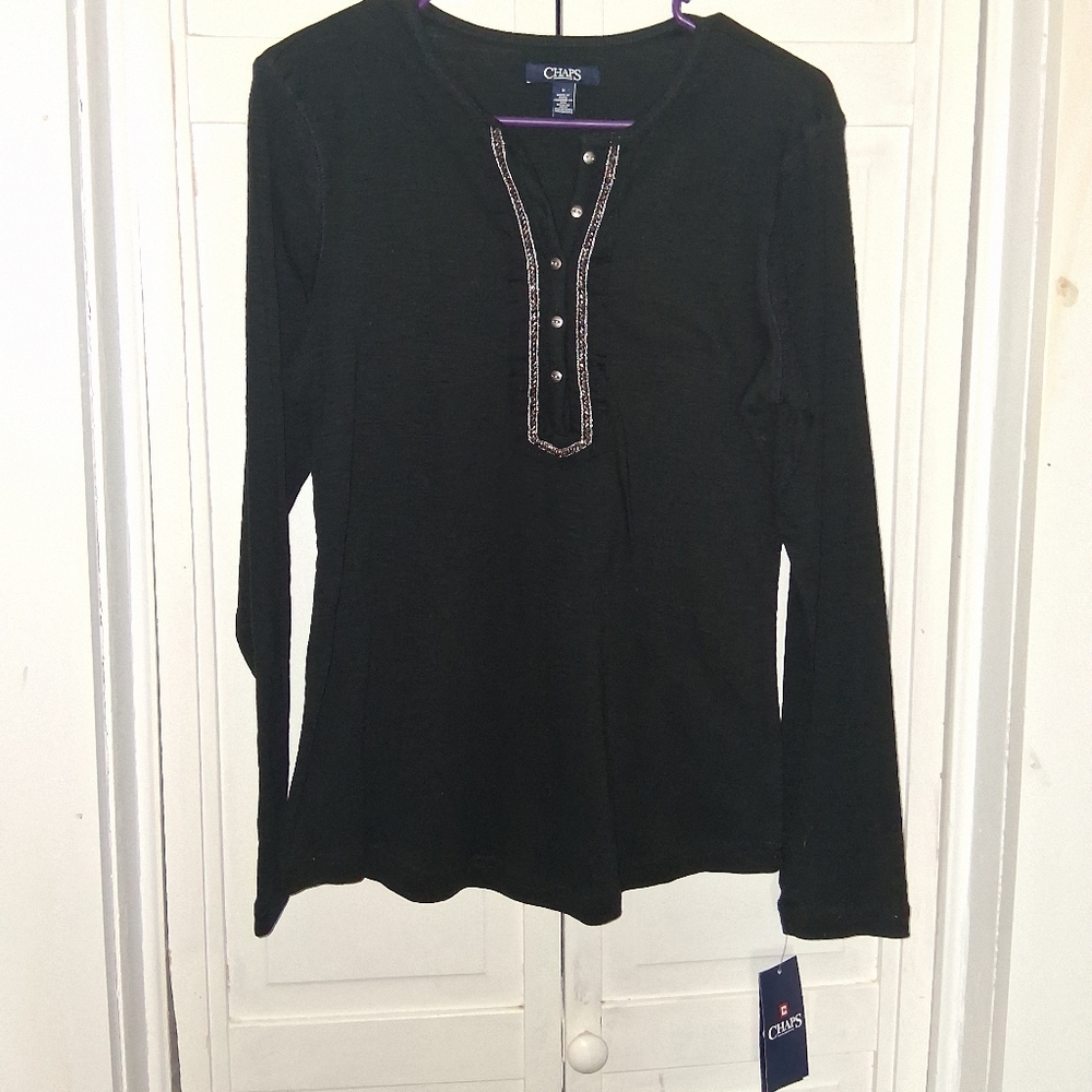 Chaps Black Long Sleeve Women's Tee with Button Detail